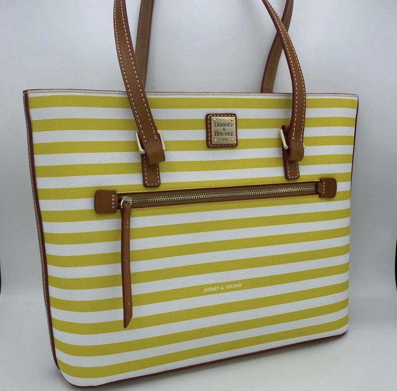 Dooney & Bourke Yellow/White Striped Leather Tote Zip, Gold HW, Red Lining