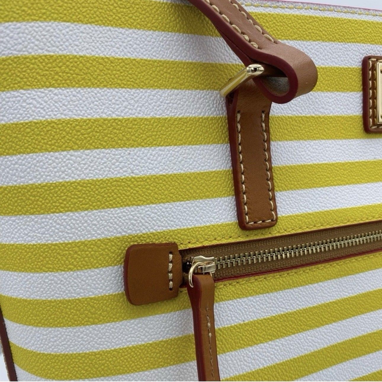 Dooney & Bourke Yellow/White Striped Leather Tote Zip, Gold HW, Red Lining — view 2