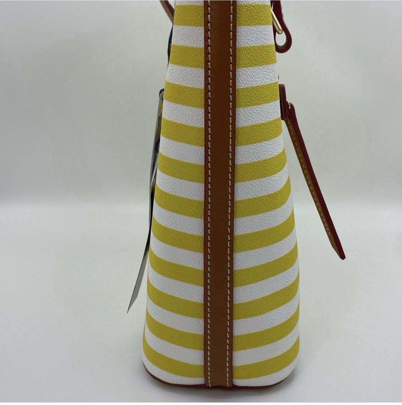 Dooney & Bourke Yellow/White Striped Leather Tote Zip, Gold HW, Red Lining — view 3