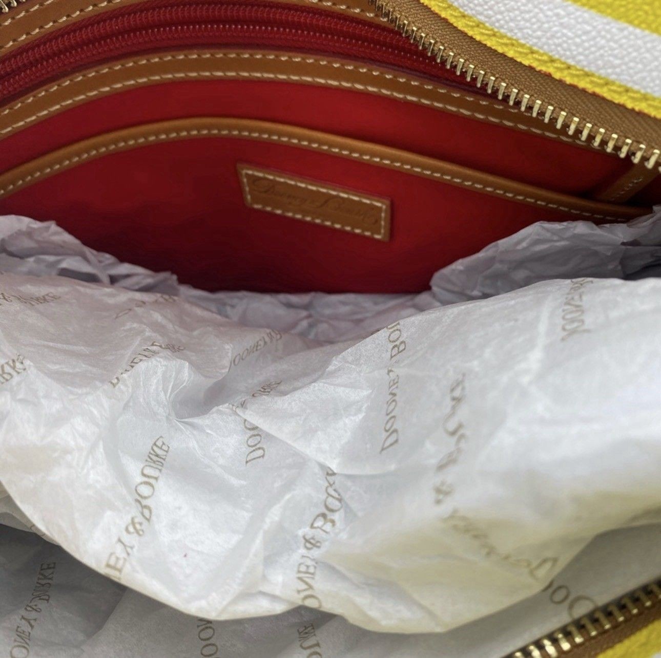 Dooney & Bourke Yellow/White Striped Leather Tote Zip, Gold HW, Red Lining — view 4